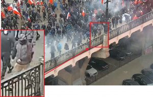 Kadr z monitoringu miejskiego przedstawiający osoby rzucające race w kierunku mieszkań znajdujących się na drodze prowadzącej na most im. Księcia Józefa Poniatowskiego
