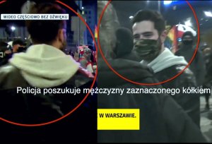 Na zdjęciu widoczny jest mężczyzna naruszający prawo podczas nielegalnego zgromadzenia